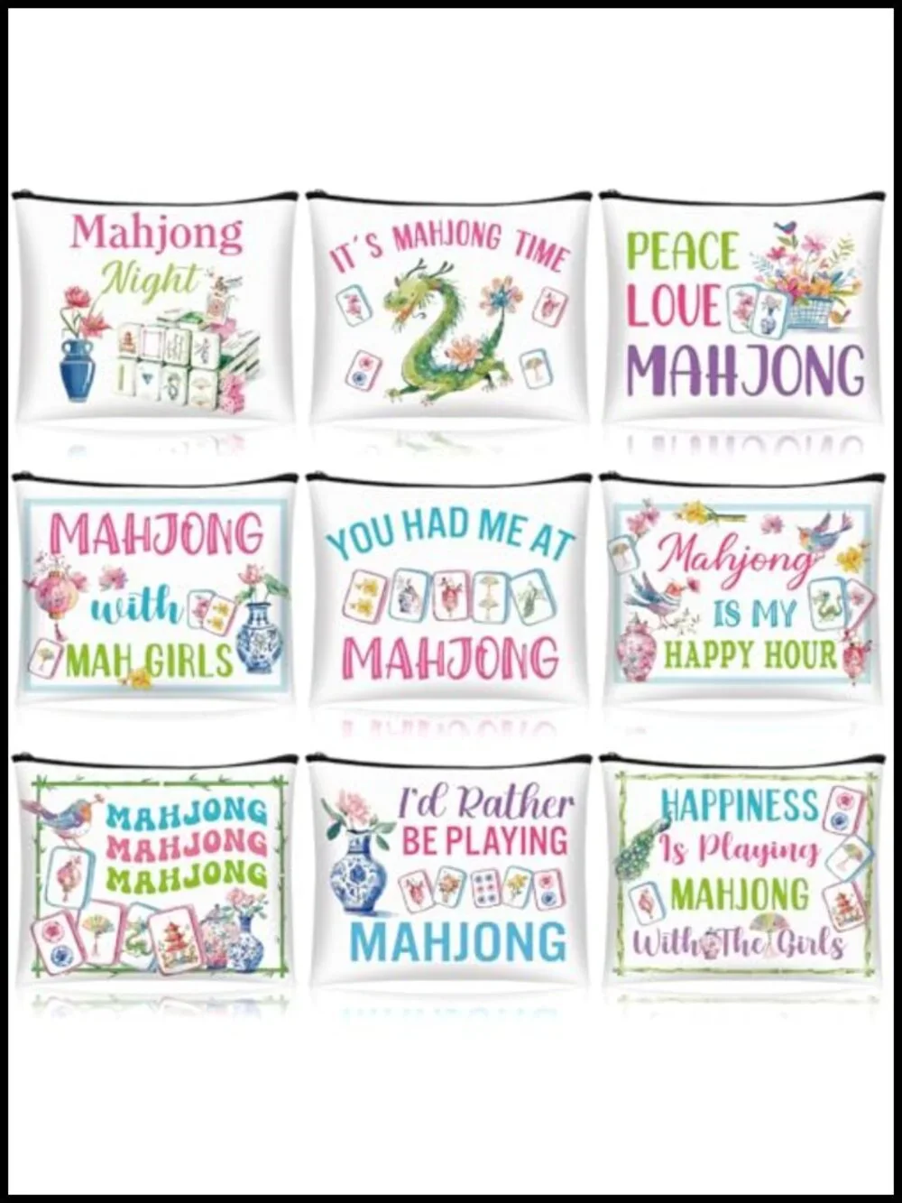 9 Canvas Mahjong Cosmetic Bags for Women Makeup Pouch Zipper Storage Gift Set